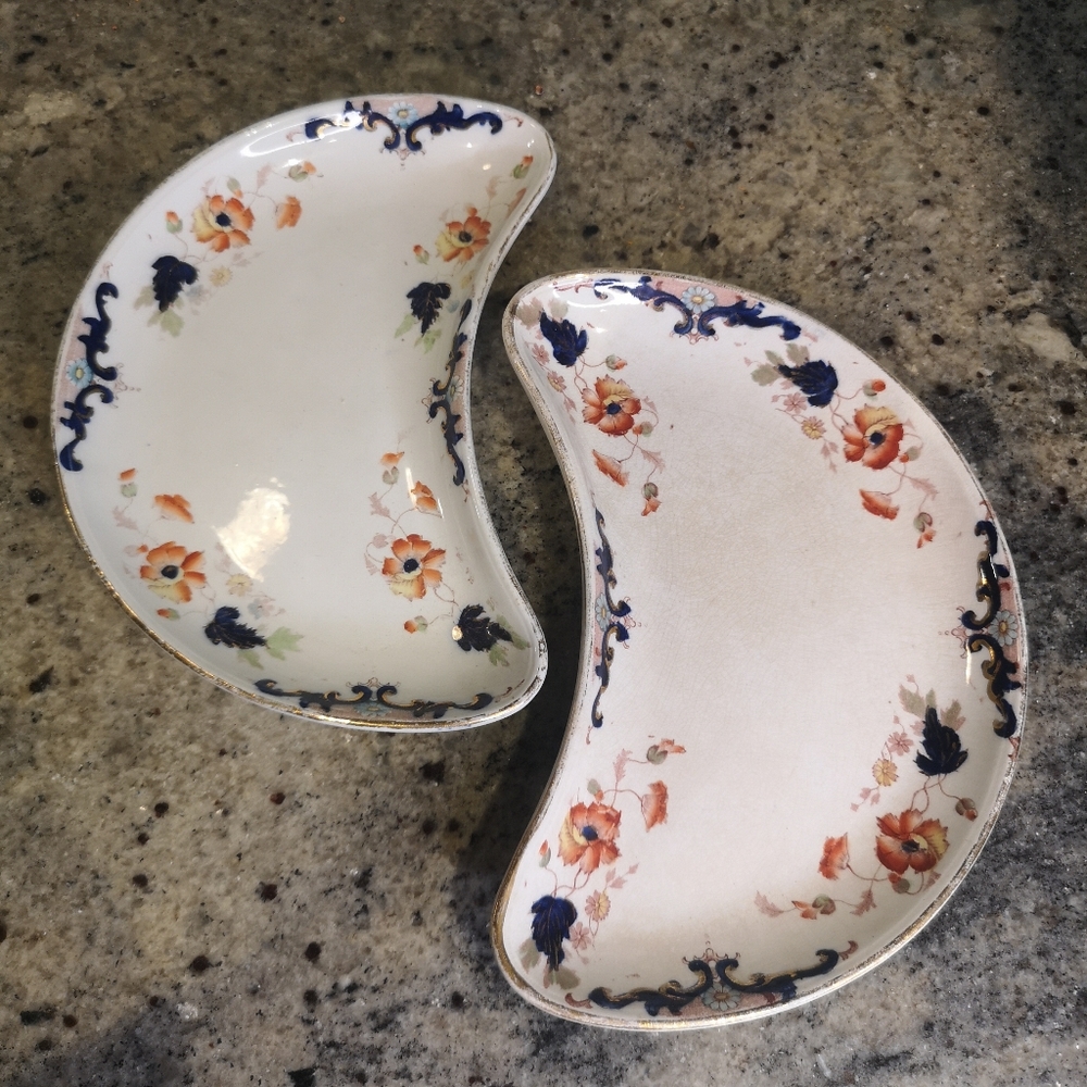 Pair of Antique 1897 Leighton 9" Crescent /Half Moon Bone Floral Dishes England